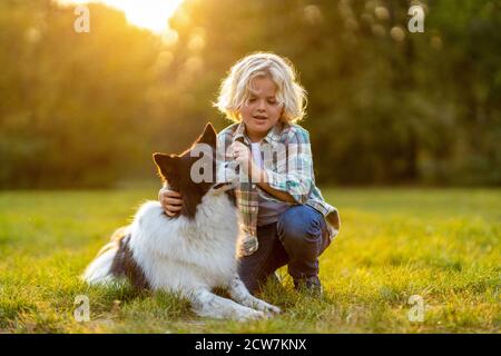 Petit garçon jouant avec son chien à l'extérieur dans le parc Banque D'Images