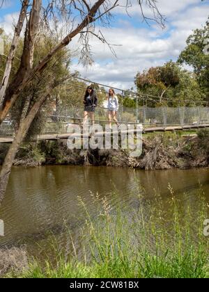 Pont suspendu en bois passerelle traversant l'Avon River York Western Australia. Banque D'Images