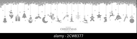Différents symboles abstraits suspendus de couleur grise pour les concepts de noël et d'hiver, flocons de neige sur le dessus et voeux de Noël et du nouvel an Illustration de Vecteur