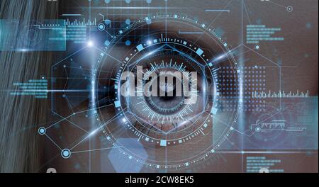 Système de numérisation Iris. Collage avec Retina oculaire féminine en cours de numérisation Banque D'Images