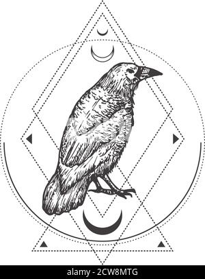 Symbole Occult abstrait, logo style vintage ou modèle de tatouage. Symbole d'esquisse Black Crow ou Raven dessiné à la main et ornements géométriques magiques Mystiques et Illustration de Vecteur