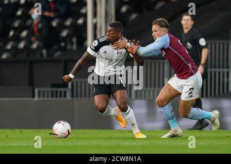 Londres, Royaume-Uni. 28 septembre 2020. Lors du match de la Premier League entre Fulham et Aston Villa joué derrière des portes fermées en raison des directives actuelles du gouvernement Covid-19 dans le sport, joué à Craven Cottage, Londres, Angleterre le 28 septembre 2020. Photo d'Andy Rowland. Crédit : Prime Media Images/Alamy Live News Banque D'Images