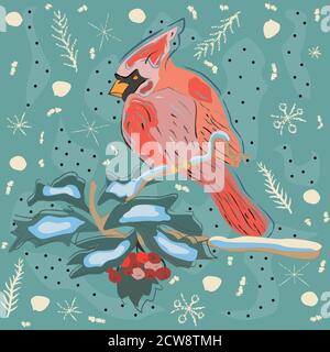 Maison de vacances hiver Carte de souhaits avec mignon oiseau Cardinal dessiné à la main sur le Rowan Tree. Fond bleu pastel avec des branches d'épinettes et de flocons. Illustration de Vecteur