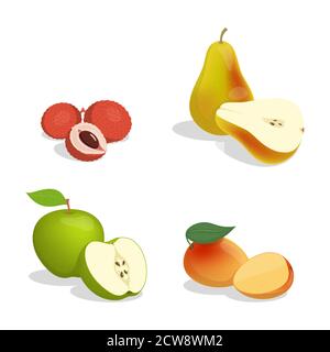 Illustration de dessin animé vectoriel lychee, poire, pomme et mangue isolée sur fond blanc. Fruits tropicaux mûrs et frais pour un régime sain. Délicieux fruits juteux pleins de vitamines. Illustration de Vecteur