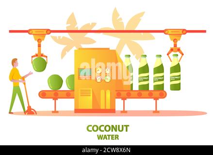 Tapis roulant usine de l'eau de coco verte boire l'embouteillage dans une bouteille de verre. Illustration de Vecteur