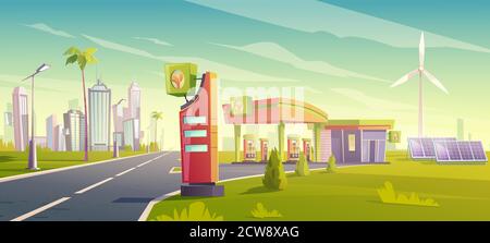 Station-service écologique, service de ravitaillement en voiture verte, boutique d'essence écologique avec moulins à vent, panneaux solaires, bâtiment et affichage des prix, vente de biocarburants pour véhicules urbains. Illustration vectorielle de dessin animé Illustration de Vecteur