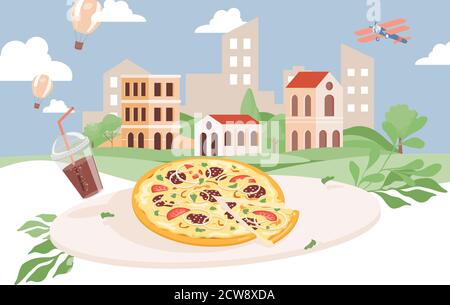 Illustration plate de pizza italienne délicieuse et fraîche. Pizza et tranche de pizza avec un verre de soda sur le fond d'une ville. Cuisine italienne, restauration rapide ou design de café. Illustration de Vecteur