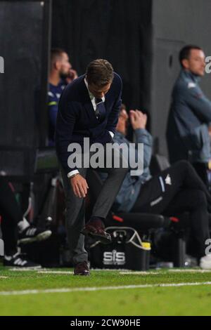 Londres, Royaume-Uni. 28 septembre 2020. Scott Parker, directeur de Fulham, lors du match de la Premier League entre Fulham et Aston Villa, a joué derrière des portes fermées en raison des directives actuelles du gouvernement Covid-19 dans le sport, joué à Craven Cottage, Londres, Angleterre, le 28 septembre 2020. Photo d'Andy Rowland. Crédit : Prime Media Images/Alamy Live News Banque D'Images