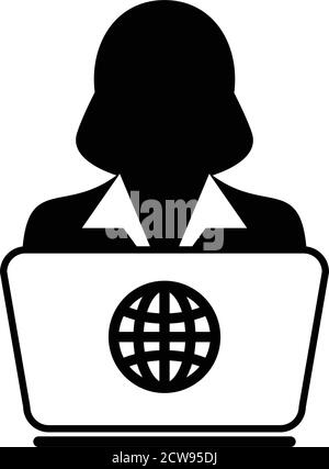 ECommerce icône vecteur personne avec ordinateur portable femme utilisateur personne avatar de profil symbole globe pour travailler en ligne dans un appartement pictogramme de glyphe de couleur Illustration de Vecteur
