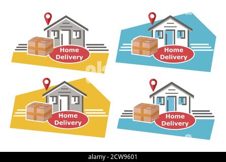 Jeu d'icônes de livraison express à domicile au service de porte. Emballage en carton à la porte de la maison. Achats en ligne. Livraison rapide des commandes par messagerie Illustration de Vecteur