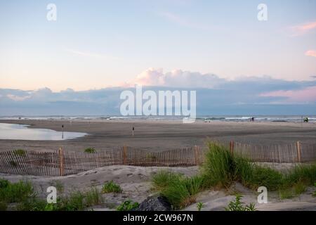 Une belle vue sur la plage avec plantes Dunes et un petit Clôture en bois dans le nord de Wildwood New Jersey Banque D'Images