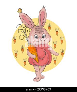 Joyeux lapin avec un cadeau de carotte. Drôle de personnage de lapin de bébé. Illustration du vecteur de tarif dessinée à la main dans un style de dessin animé pour les t-shirts pour enfants, carte d'invitation. Illustration de Vecteur