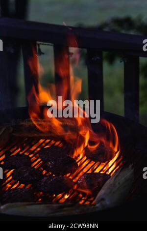 Hamburgers sur un grill à l'extérieur, couverts de flammes Banque D'Images