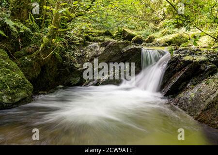 Longue exposition d'une cascade sur l'eau de chêne de Hoar rivière à Watersmeet dans le parc national d'Exmoor Banque D'Images