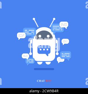 Vector moderne plat chat bot avec des icônes de bulle de parole sur fond bleu. Illustration de Vecteur
