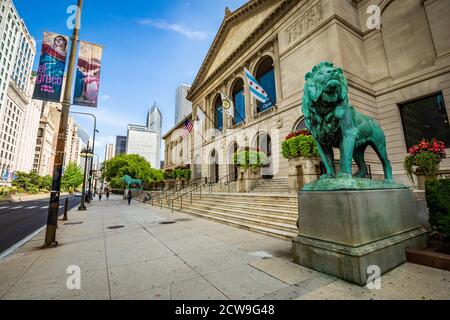 Art Institute of Chicago vue extérieure avec lions en été Banque D'Images