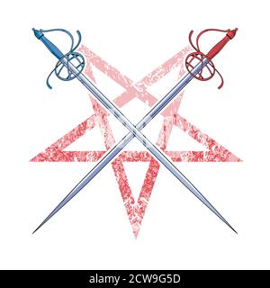 illustration vectorielle de deux épées croisées sur un pentagramme. Dessin sur le thème héraldique pour affiches ou tee-shirts. Illustration de Vecteur