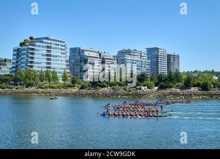 24 juin 2017. Vancouver Dragon Boat Festival 9 septembre – Vancouver, Colombie-Britannique, Canada. Les équipes de Dragonboat font la course sur False Creek. Banque D'Images