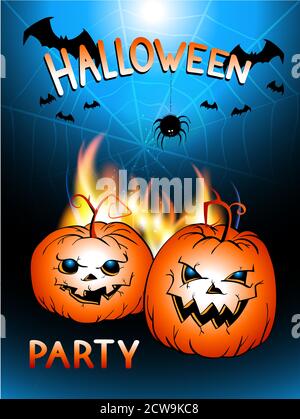Illustration vectorielle avec flamme, tête de citrouilles et texte Halloween Party sur le fond du ciel de nuit, toile, chauves-souris et araignée. Lettrage dessiné à la main. Illustration de Vecteur