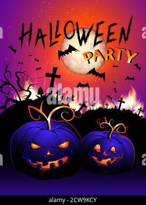 Illustration vectorielle avec flamme, tête de citrouille et texte Halloween Party sur fond de ciel nocturne, pleine lune, chauves-souris et cimetière. Tiré à la main le Illustration de Vecteur