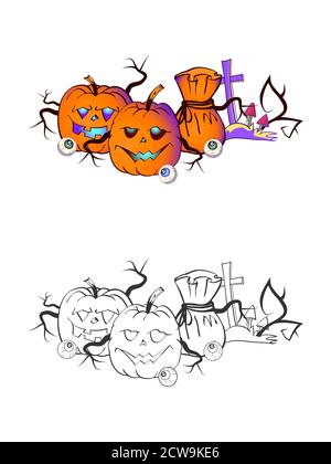 Illustration d'Halloween avec citrouilles souriantes, yeux et tombe sur fond blanc. Deux variantes : couleur et monochrome. Page de livre de coloriage. Vecteur, Illustration de Vecteur