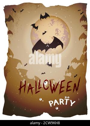 Illustration d'Halloween vectorielle avec chauves-souris volantes et lettrage dessiné à la main sur un arrière-plan en papier déchiré. Illustration de Vecteur