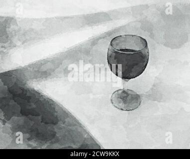 Aquarelles en noir et blanc, illustration d'un verre à vin rouge sur les lignes géométriques modernes, partie supérieure blanche avec espace de copie Banque D'Images