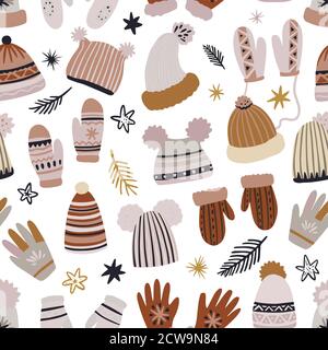Joli motif vectoriel sans couture de vêtements d'hiver, chapeaux, moufles et gants. Éléments de la plaque dessinés à main levée. Illustration de Vecteur