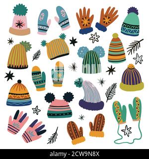 Joli ensemble de vêtements d'hiver clip art, chapeaux, mitaines et gants. Éléments de la plaque dessinés à main levée. Illustration de Vecteur