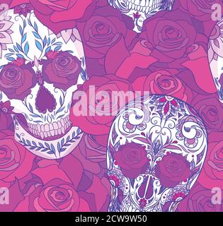 Texture fluo sans couture avec des crânes de sucre et des roses. Le jour des morts. Motif vectoriel festif pour le papier peint, l'emballage, les tissus et votre créativité Illustration de Vecteur