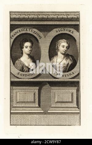 Francesca Cuzzoni (1696-1778), soprano italienne, et Faustina Bordoni (1697-1781), soprano italienne de mezzo. Lorsqu’ils sont apparus ensemble dans l’Astianatte de Giovanni Bononcini au King’s Theatre de Haymarket à Londres, en 1727, une émeute s’est produite entre leurs fans rivaux. Gravure sur plaque après des portraits d'Enoch Seeman (Cuzzoni) et de Rosalba Carriera (Bordoni) publiés à Londres, dans les années 1790. Banque D'Images