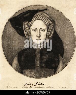 Portrait d'une femme inconnue en capot de pignon avec des lanpettes et un voile accrochés d'un côté de la cour du roi Henri VIII Lady Lister dans un manuscrit sur papier - peut-être Lady Isabel Lister, deuxième femme de Sir Richard Lyster, Lord Chief Justice. Gravure sur plaque de coperplate par Venceslaus Hollar d'après un portrait de Hans Holbein, de la Collection Arundeliana, 1647. Banque D'Images