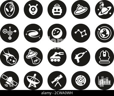 Alien ou Extraterrestrial Icons White sur Black Flat Design Circle Définir grand Illustration de Vecteur