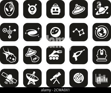 Alien ou Extraterrestrial Icons White sur Black Flat Design Set Grande Illustration de Vecteur