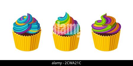 Petits gâteaux avec glaçage arc-en-ciel tournoyé. Muffins savoureux à la crème colorée. Illustration vectorielle dans un joli style de dessin animé Illustration de Vecteur
