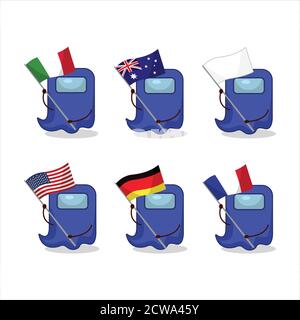 Ghost parmi nous personnage de dessin animé bleu apporter les drapeaux de divers pays Illustration de Vecteur