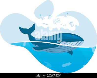 Baleine dans l'océan avec déchets en plastique plat concept icône Illustration de Vecteur