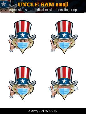 Illustrations vectorielles ensemble de caricatures Oncle Sam Emoji pointant le doigt vers le haut, portant un masque chirurgical. Quatre expressions, heureux, sérieux, non amusé, en colère – Illustration de Vecteur