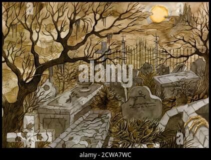 Style grunge illustration de vieux cimetière abandonné avec des pierres tombales effrayantes, des croix et des tombes contre la lune et le château la nuit. Bba peint Halloween Banque D'Images