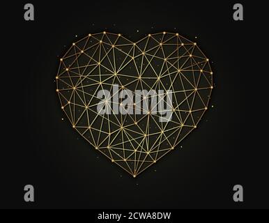 Illustration abstraite dorée du symbole de coeur sur fond sombre. Modèle polygonal de forme géométrique composé de lignes et de points. Illustration de Vecteur