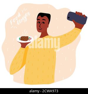 Black african homme alimentation blogger faisant photo selfie avec steak avec tomates cerises et romarin pour le blog. Adorable garçon avec appareil photo pour smartphone. Social Illustration de Vecteur