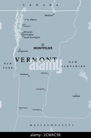 Vermont, VT, carte politique grise avec la capitale Montpelier. État du nord-est dans la région de la Nouvelle-Angleterre des États-Unis d'Amérique. Banque D'Images