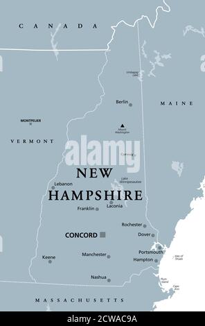 New Hampshire, NH, carte politique grise, avec la capitale Concord. État dans la région de la Nouvelle-Angleterre des États-Unis d'Amérique. L'État de granit. Banque D'Images