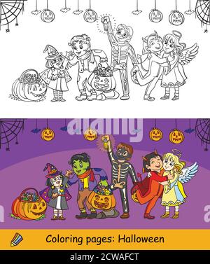 Illustration de la bande dessinée halloween. Scénario de coloriage pages et de coloriage exemple heureux enfants en costumes célébrant Halloween. Livre de coloriage pour childre Illustration de Vecteur