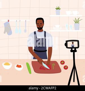 Chef africain noir masculin cuisinant dans la cuisine tout en enregistrant la vidéo en utilisant sa caméra pour la chaîne vidéo en ligne. Faites cuire des aliments sains à la maison Illustration de Vecteur