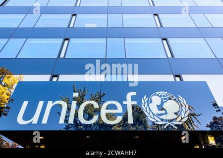 Siège du Bureau régional pour l'Europe et l'Asie centrale de l'UNICEF à Genève (Suisse), une agence des Nations Unies qui aide les enfants dans le monde entier. Banque D'Images