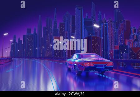 Cyberpunk neon city night. Futuristic city scene in a style of pixel art.  Backdrop. Wallpaper. Retro future 3D illustration. Urban scene Stock Photo  - Alamy