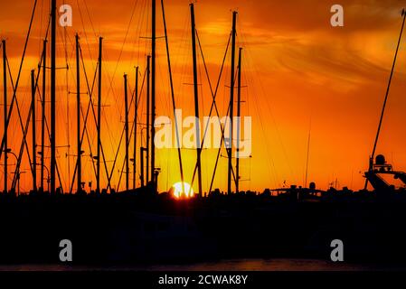 Les mâts de yacht sont silhouettés par un magnifique ensemble de soleil méditerranéen. Photographié en Israël Banque D'Images