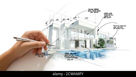 Rendu 3D d'un projet d'architecture haut de gamme moderne avec esquisse et dessin à la main Banque D'Images