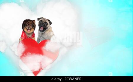 adorable chien spitz qui colle à la langue heureux à côté d'un chien joueur au-dessus du coeur sur fond bleu Banque D'Images